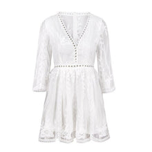 Load image into Gallery viewer, Hollow Out White Dress Sexy Women Mini Chiffon Dress Criss Cross Semi-sheer Plunge V-Neck Long Sleeve Crochet Lace Lace Dress