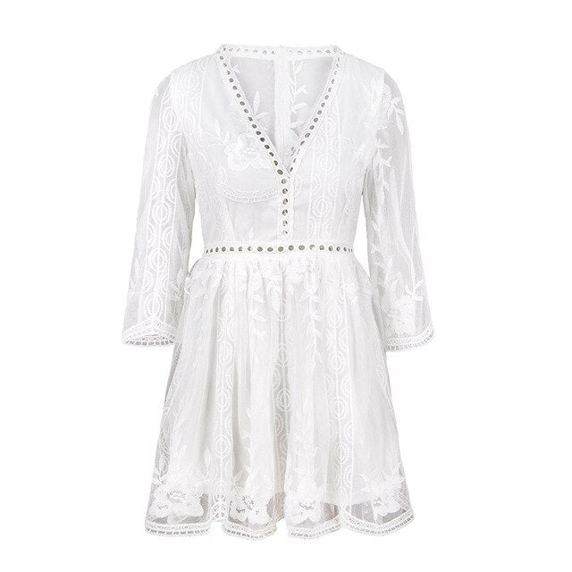 Hollow Out White Dress Sexy Women Mini Chiffon Dress Criss Cross Semi-sheer Plunge V-Neck Long Sleeve Crochet Lace Lace Dress