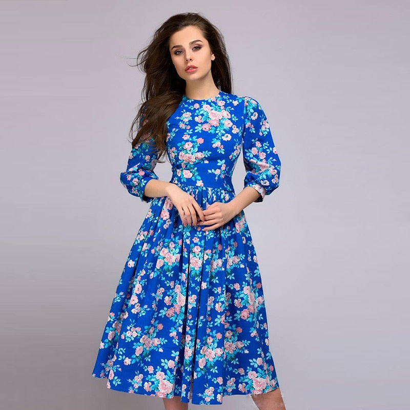 Sexy Women Floral Print Dress Sheer Mesh Summer Boho A-line Dress Three Quarter Sleeves Blue Dress 2019 Vestidos De Festa