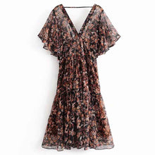 Load image into Gallery viewer, ANSFX 2019 Stylish Floral Print Deep V-Neck Semi-sheer Chiffon A-Line Dress Sashes Tied Bow Short Butterfly Sleeve Holiday Dress
