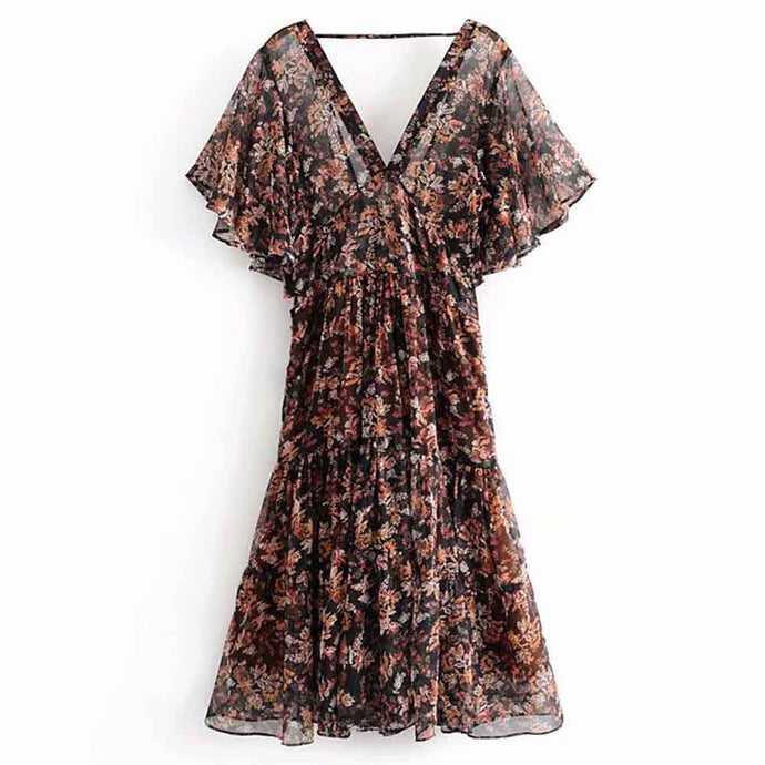 ANSFX 2019 Stylish Floral Print Deep V-Neck Semi-sheer Chiffon A-Line Dress Sashes Tied Bow Short Butterfly Sleeve Holiday Dress