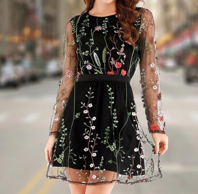 Summer Boho Mini See-through  Dress Women Sheer Mesh Floral Embroidery Dress