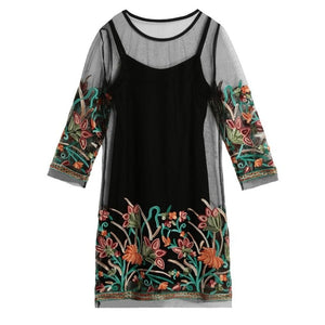 2019 Sexy Summer Dress Women Floral Embroidery Sheer Mesh Spaghetti Strap Mini Dress Loose Casual Shirt Dress Plus Size Dress